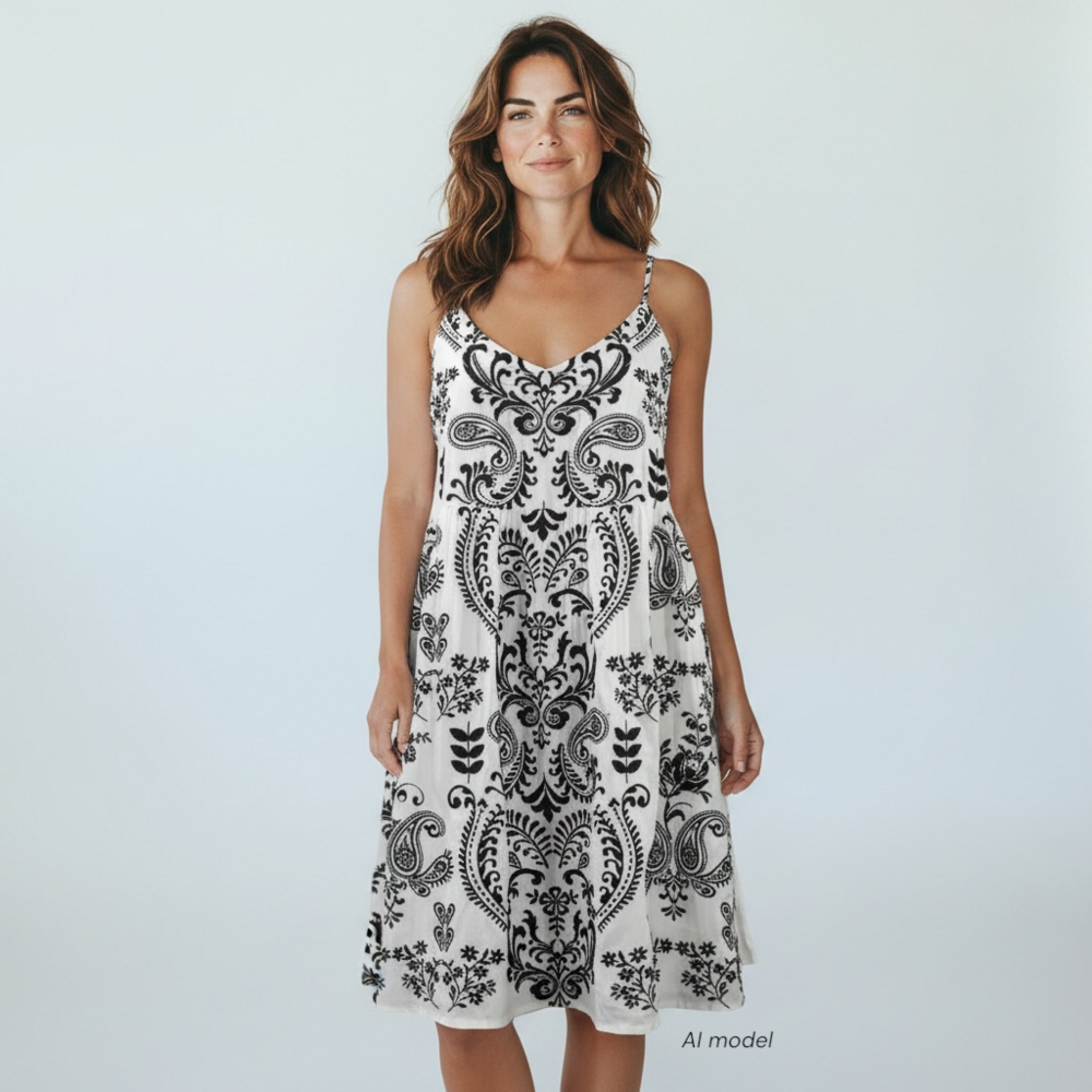 Savanna Jane Dress Womens 2X White Paisley Embroidered Babydoll Swing Lined TAGS